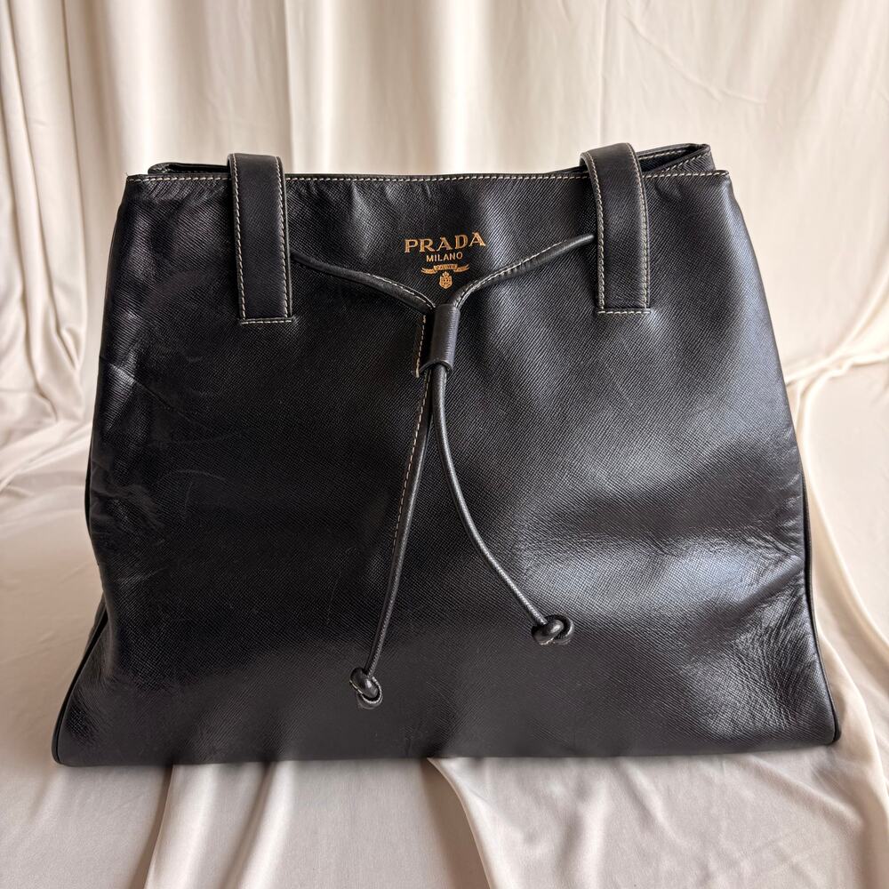 Vintage Black Prada Saffiano Leather Drawstring Tote
